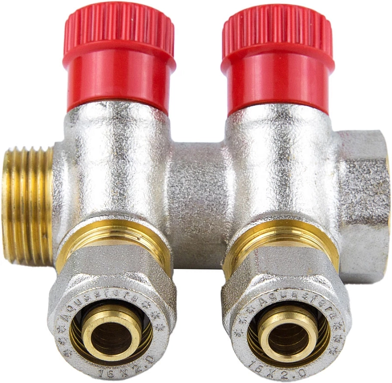 Коллектор Aquasfera 7018-02 3/4″ Ду20 Py16 выходов 3x16 мм обжим с регулирующими клапанами, красные ручки для МП труб, вн/нар резьба, корпус латунь, с межосевым расстоянием выходов 35 мм